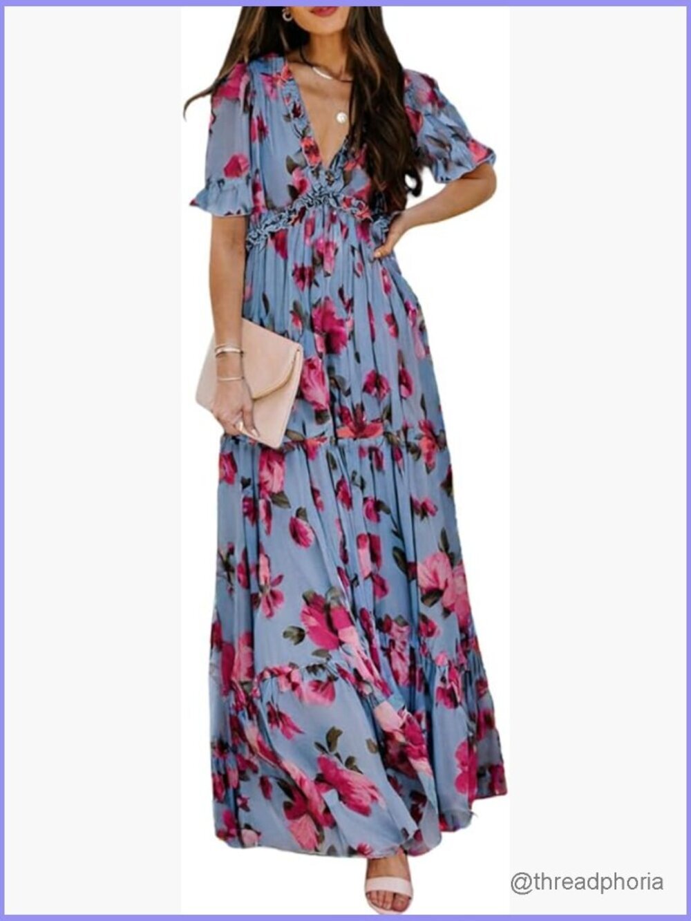 Casual Boho Floral Print V-Neck Short Sleeve Maxi Dress Ruched Cocktail Party